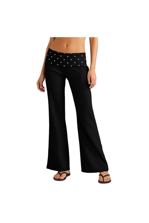 Coral Fold Over Pants for Women,Casual High Waist Wide Leg Pants With Double Waistband Foldable Hem Flared Trousers For Everyday Comfort(Black,L)