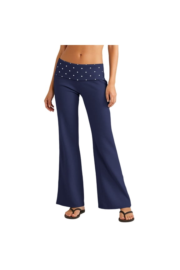 Coral Fold Over Pants for Women,Casual High Waist Wide Leg Pants With Double Waistband Foldable Hem Flared Trousers For Everyday Comfort(Navy,L)
