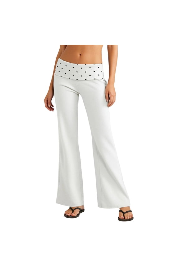 Coral Fold Over Pants for Women,Casual High Waist Wide Leg Pants With Double Waistband Foldable Hem Flared Trousers For Everyday Comfort(White,L)