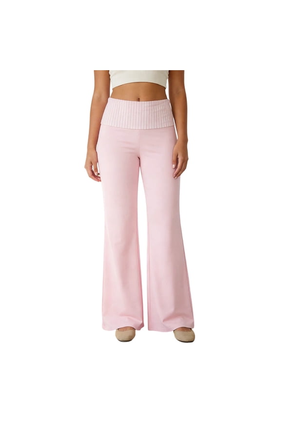 Coral Fold Over Pants for Women,Casual Trousers Low Rise Relaxed Straight Leg Pants With Folded Waistband Comfortable Daily Wear(Pink,M)