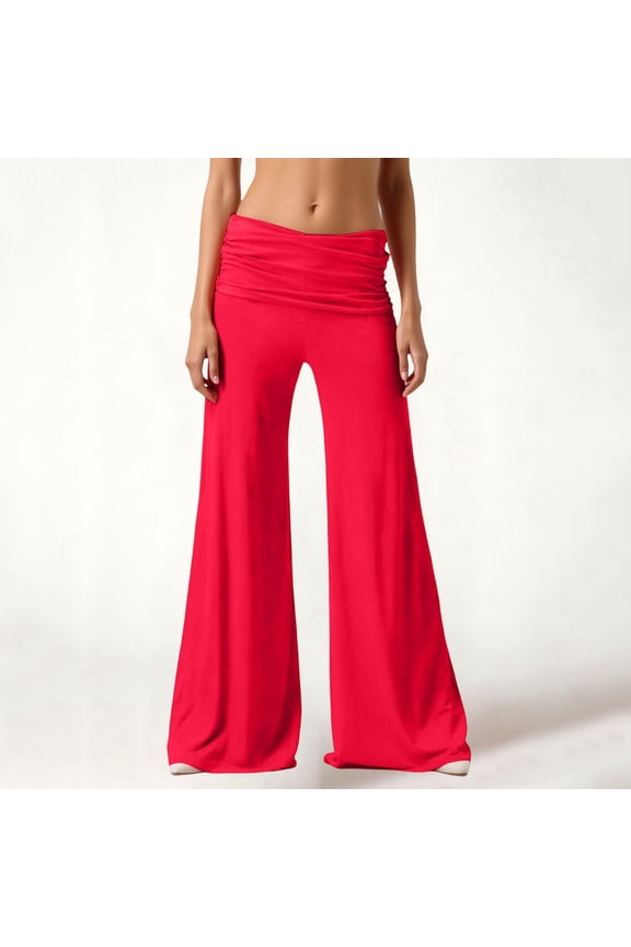 Coral Fold Over Pants for Women Loose Foldover Yoga Pants Ruched Waist Casual Palazzo Pants Flare Wide Leg Leggings Hot Pink 2XL