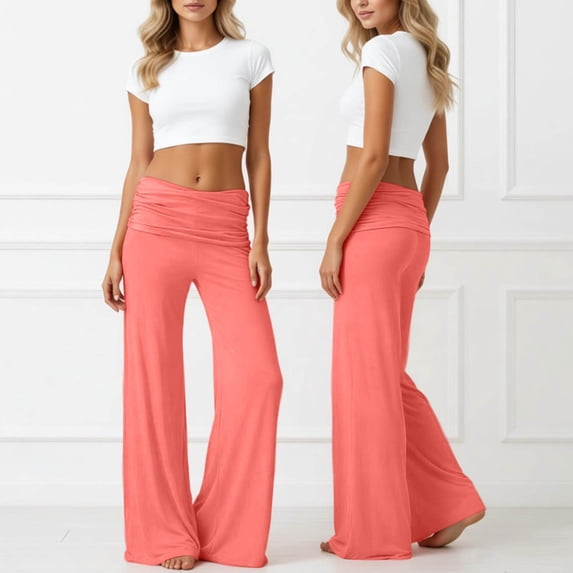 Coral Fold Over Yoga Pants 2026 Wide Leg Loose Fit Lounge Pant with Ruched Waist Sports Leggings for Yoga Sports Everyday(Watermelon Red,XL)