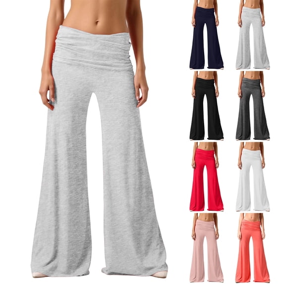 Coral Fold Over Yoga Pants 2026 Wide Leg Loose Fit Lounge Pant with Ruched Waist Stretchy Baggy Sports Leggings Light Gray L