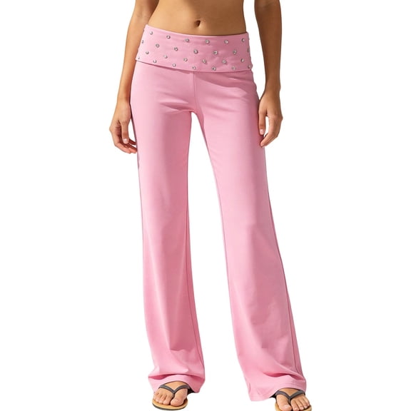 Coral Fold Over Pants for Women - Striped Flared Sweatpants, Wide Leg Preppy Lounge Pants with Maple Leaf Print | Soft Straight Leg Pajama Pants for Spring Summer Fall Casual Outfits(Red,M)