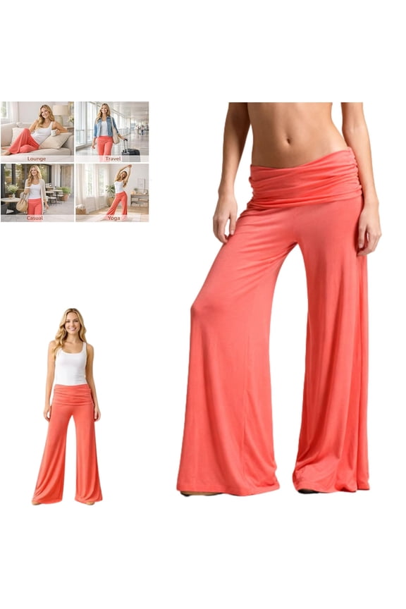 Coral Foldover Pants, Wide Leg High Fold Over Waist Palazzo Pant, Soft Beach Vacation Summer Trousers, Corals Pants Fold Over Yoga