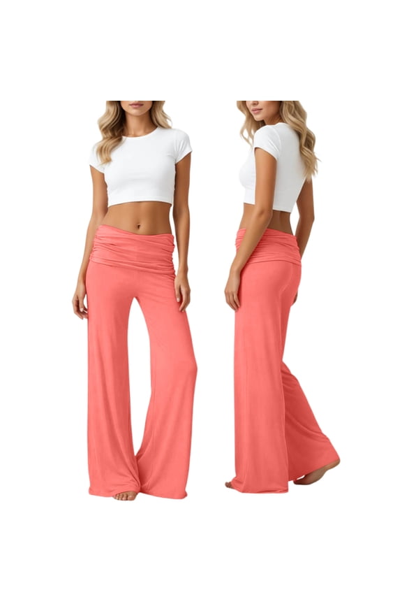 Coral Foldover Pants for Women, Wide Leg High Fold Over Waist Palazzo Pant, Plus Size Corals Pants Fold Over Yoga
