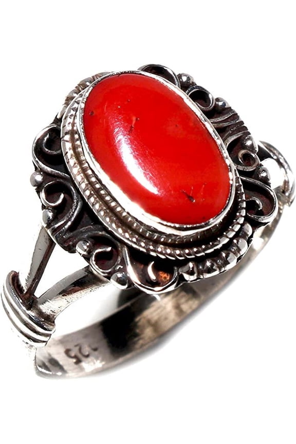 Coral Gemstone Finger Ring for Women 925 Sterling Silver Ethnic Tribal Tibetan Style Bohemian Filigree Designer Boho Fashion Jewelry Handmade By Artisan,Size N1/2