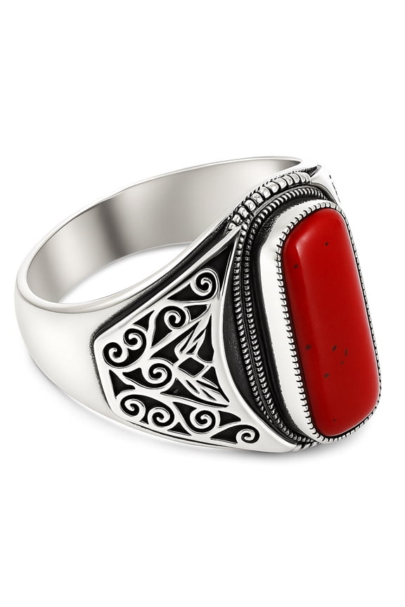 Coral Gemstone Handmade Finger Ring for Women 925 Sterling Silver Ethnic Tibetan Tribal Gypsy Bohemian Boho Fashion Filigree Designer Jewelry By Artisan Size P1/2