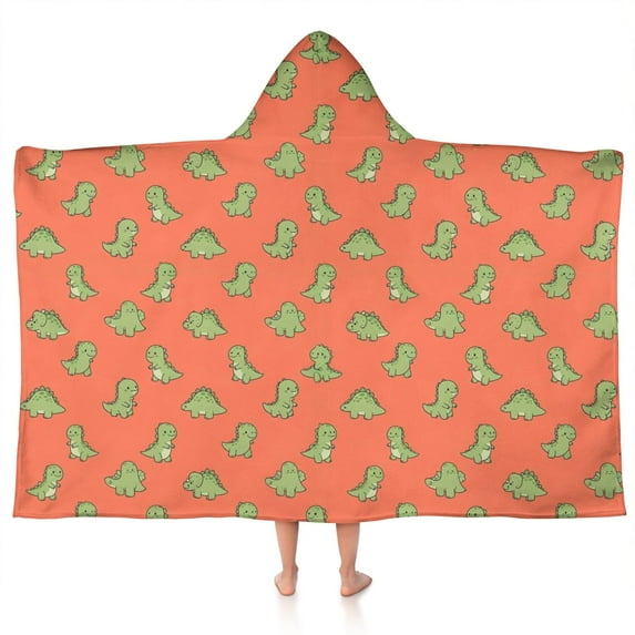 Coral Green Dinosaur Pattern Hooded Bath Towel,50"x30" for Ages 3 To 12 Kids, Quick Dry Lightweight Soft Microfiber Hood Beach Towel Cover Up for Kids