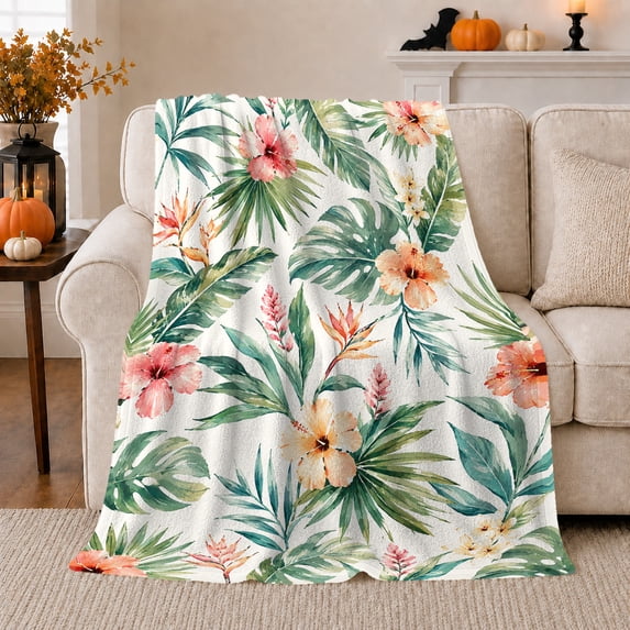 Coral Hibiscus with Soft Palm Leaves, Serene Botanical Style for Flower Lovers, Gentle Island Garden and Mother's Day Gift, Soft Flannel Blanket for Sunroom and Guest Room, Home Decor