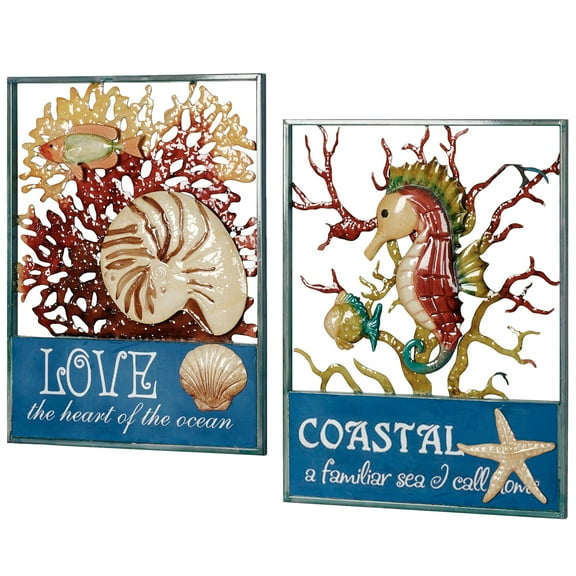 Coral Impressions Beach Seashell Seahorse Wall Sign Metal Coastal Island Decor Set of 2