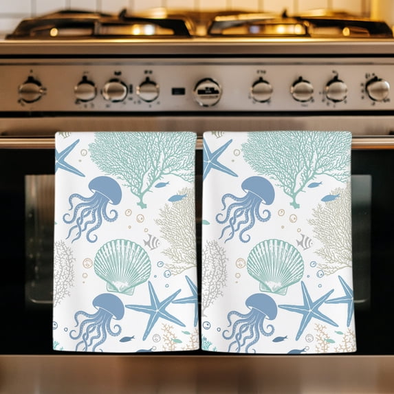 Coral Jellyfish Coastal Kitchen Towels Set of 2, Blue Summer Nautical Starfish Absorbent Dish Towels for Kitchen, Microfiber Hand Towel, Quick Drying Tea Towel for Cleaning Decorative Dishcloths