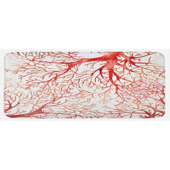 Coral Kitchen Mat, Monochrome Watercolor Image of Leafless Fall Autumn Tree Branches Peaceful Print, Plush Decorative Kitchen Mat with Non Slip Backing, 47" X 19", Dark Coral, by Ambesonne