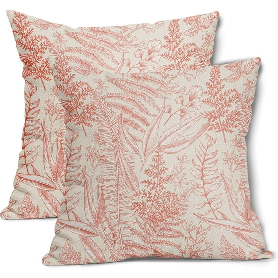 Coral Leaf Plant Pillow Covers 20X20 Inch Herbs Botanical Fern Vintage Leaves Floral Decorative Pillow Cases Set of 2 Cotton Linen Throw Pillows Farmhouse Home Decor For Sofa Couch Cushion Outdoor