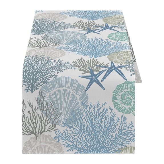 Coral Linen Table Runner, Sea Turtle Starfish Summer Beach Theme Printed Tablecloth for Dining Room Kitchen Home Decor, 33x150cm