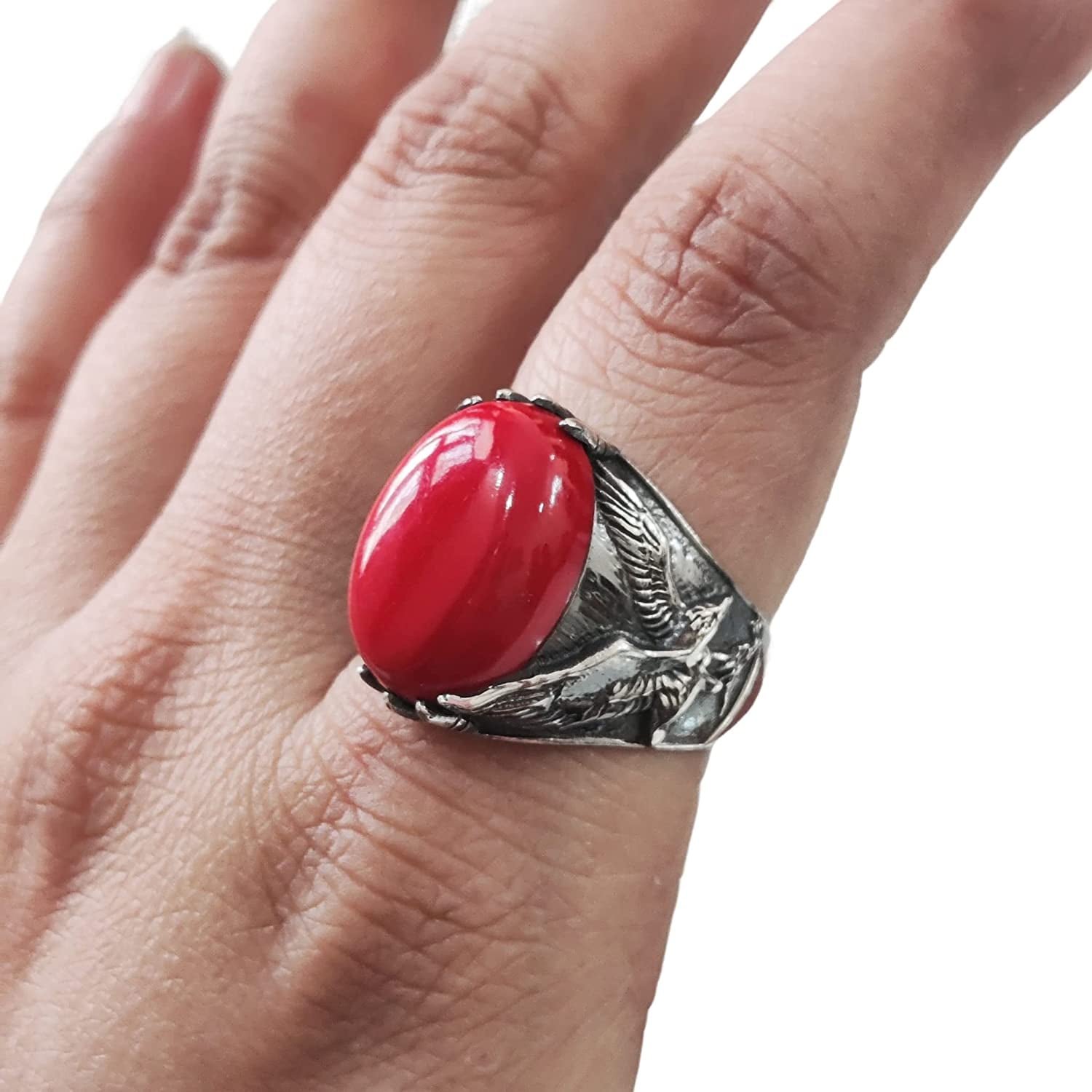 Coral Mans Ring, Natural Red Coral Ring, Eagle Unisex Ring, Silver