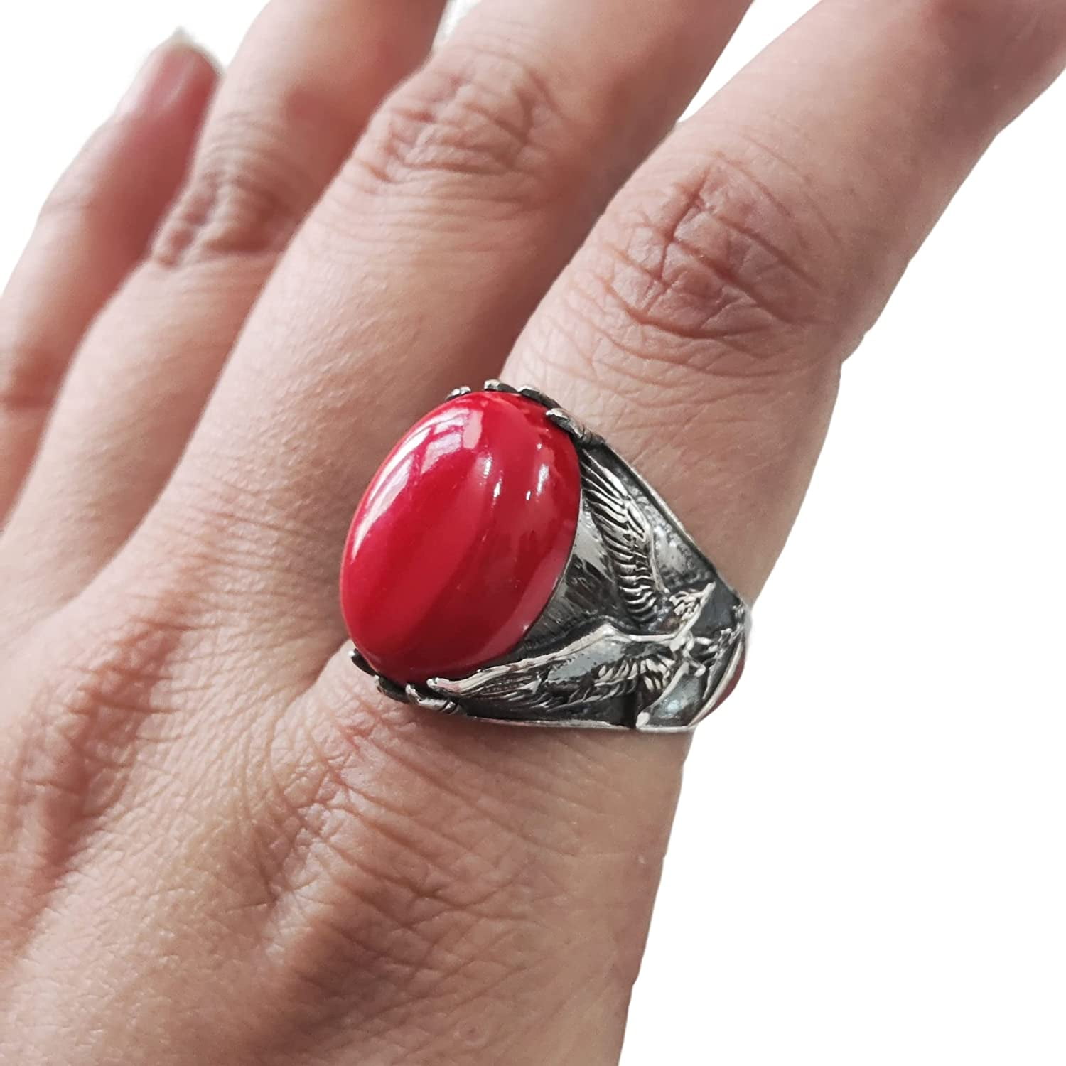 Natural Red Coral (Marjan) Gemstone Ring Silver 925