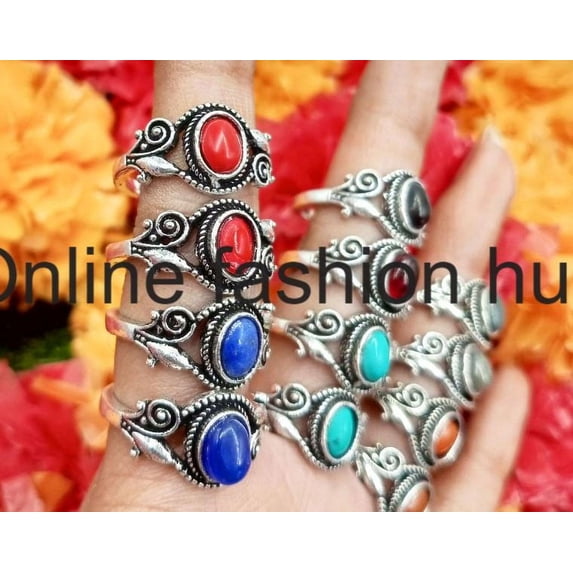 Coral & Mix Gemstone 925 Sterling Silver Plated Handmade 100pcs Ring