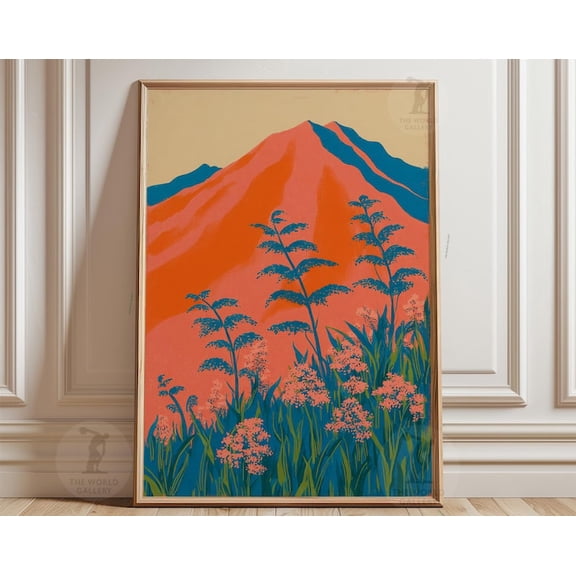 Coral Mountain Wildflower Teal Japanese Landscape Wall Art Print, Unframed Paper Poster 24x36in