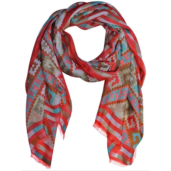Coral Multicolor Art Deco Print Silky Scarf