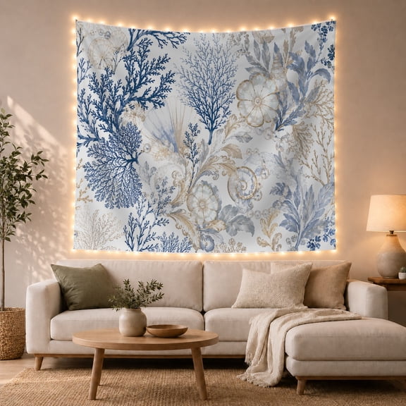 Coral and Nautilus with Blue Seaweed on White Background, Calming Illustration for Ocean Lovers, Coastal Marine Wall Art, Housewarming Gift, Tapestry Wall Hanging for Living Room and Bedroom