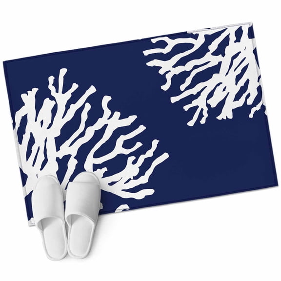 Coral Navy Blue 2'x3' Washable Rug, Coastal Ocean Marine Nautical Beach Non-Slip Soft Doormat Area Rugs for Entrance Bathroom Bedsides, Carpet for Kitchen Bedroom, Entryway Floor Mat