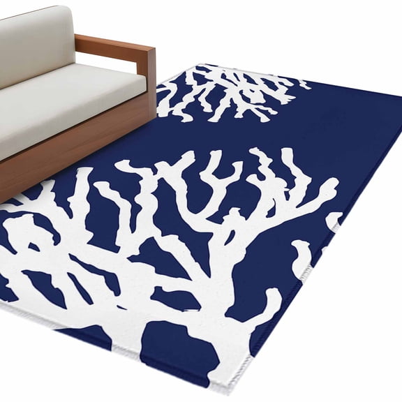 Coral Navy Blue 3'x5' Washable Rug, Coastal Ocean Marine Nautical Beach Non-Slip Area Rugs for Entryway Kitchen Classroom, Dorm Throw Carpet, Low Pile Soft Indoor Floor Mat