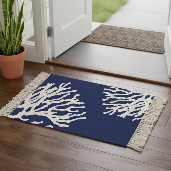 Coral Navy Blue Bathroom Rug 2'x3', Coastal Ocean Marine Nautical Beach Low Profile Front Entryway Rug with Tassels, Woven Cotton Washable Kitchen Mat Carpet for Foyer Bedroom Back Door Decor