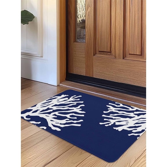Coral Navy Blue Door Mat&nbsp;Indoor Outdoor Entrance, Non Slip Small Rug for Kitchen Bathroom Entryway Rug, Coastal Ocean Marine Nautical Beach Washable Doormat Floor Mat for Office 16x24 Inch