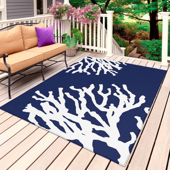 Coral Navy Blue Outdoor Rug for Patio/Deck/Porch, Non-Slip Large Area Rug 4 x 6 Ft, Coastal Ocean Marine Nautical Beach Indoor Outdoor Rugs Washable Area Rugs, Reversible Camping Rug Carpet Runner
