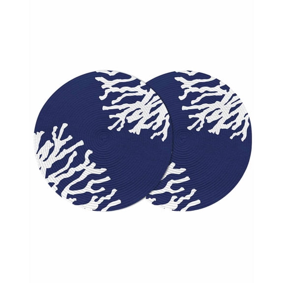 Coral Navy Blue Round Placemats Set of 2, Braided Polypropylene Place Mats, Coastal Ocean Marine Nautical Beach Washable Table Mats for Kitchen Dinner Holiday Wedding Party Coffee Table Decor 13"