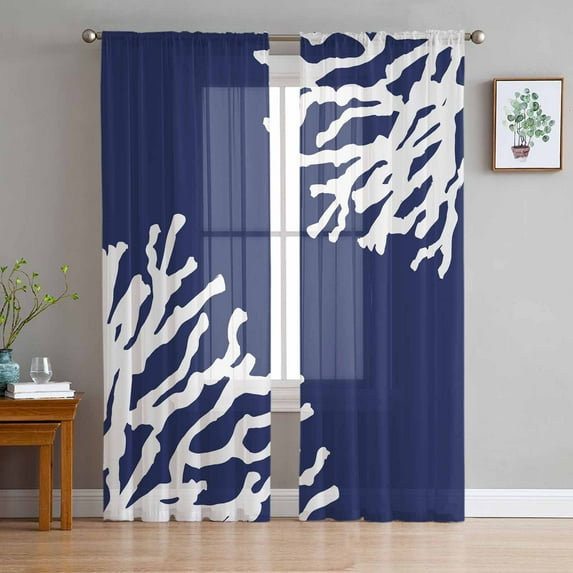 Coral Navy Blue Sheer Curtains 63 Inches Length 2 Panels Set, Window Sheer Curtains for Living Room/Bedroom, Coastal Ocean Marine Nautical Beach Light Filtering Rod Pocket Curtain 52'' x 63'' x 2