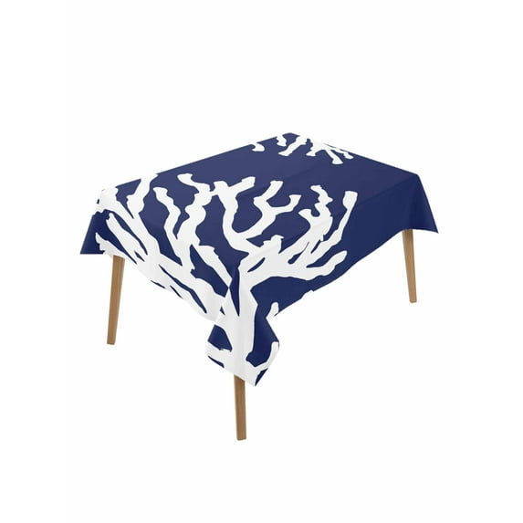 Coral Navy Blue Table Cloth, Coastal Ocean Marine Nautical Beach Waterproof Tablecloth for Rectangle Tables, Reusable Washable Fabric Table Cover for Restaurant Kitchen Dining Tables 60"x102"