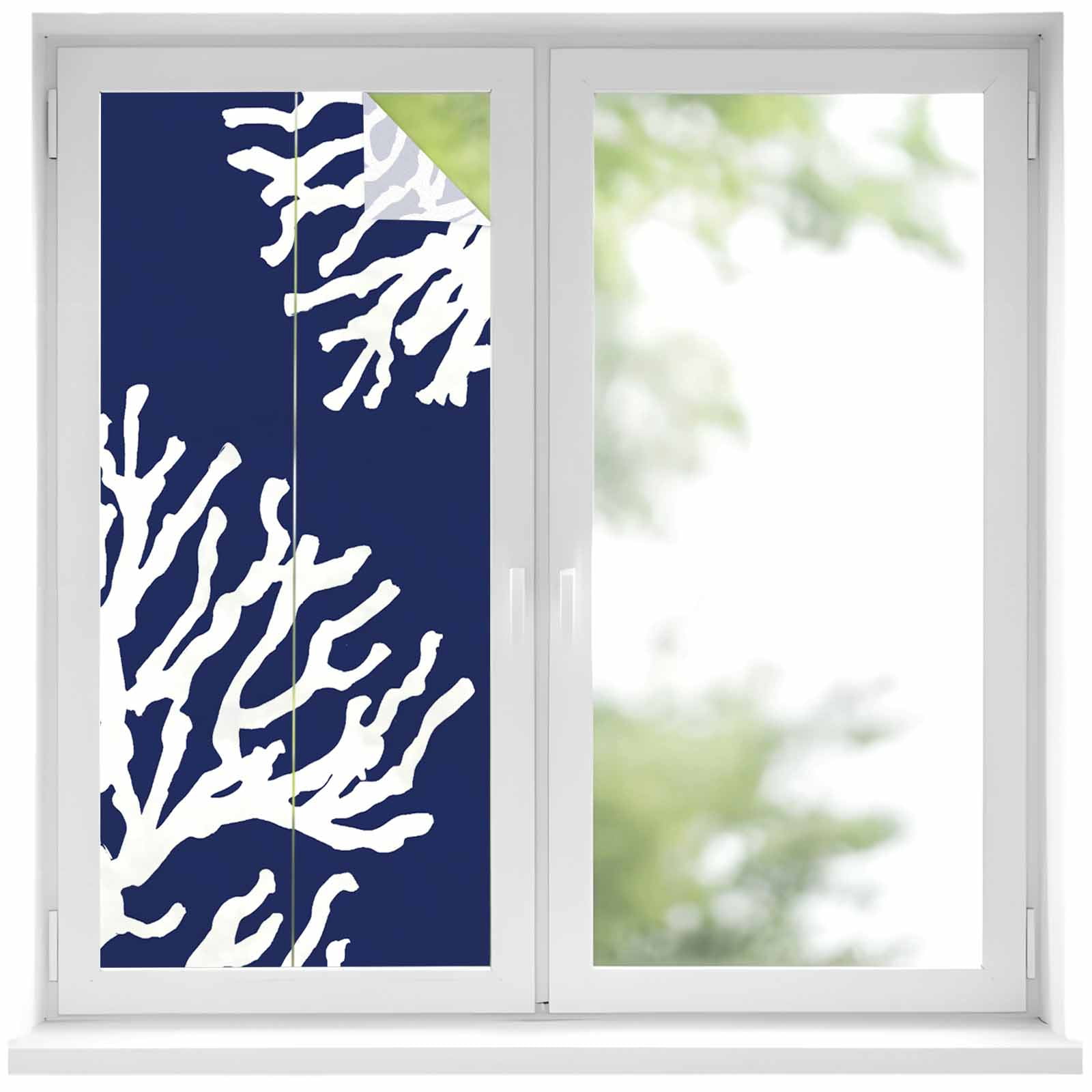 Coral Navy Blue Window Privacy Film, Coastal Ocean Marine Nautical Beach Static Cling UV Sun Blocking Heat Control Window Tint Day and Night, Non-Adhesive One Way Windows Privacy Cover 17.7''x39.3''