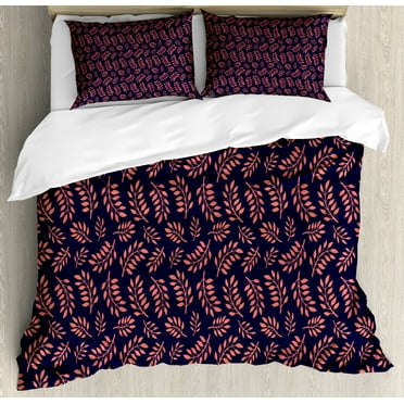 Coral and Navy Duvet Cover Set King Size, Continuous Pretty Pattern with Leafy Branches Abstract Bicolour Design, Decorative 3 Piece Bedding Set with 2 Pillow Shams, Navy Blue Coral, by Ambesonne