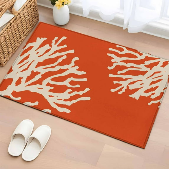 Coral Orange Bathroom Rug Washable 2x3 Entryway Rug Non Slip Coastal White Ocean Marine Nautical Beach Front Door Mat Low Pile Indoor Doormat Throw Floor Carpet for Kitchen Bedroom Entrance