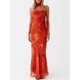 thumbnail image 1 of Coral Orange Floral Strapless Halter Maxi Dress With Asymmetrical Drape Bodycon Evening Gown, 1 of 4
