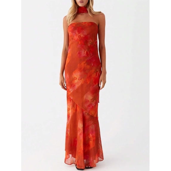 Coral Orange Floral Strapless Halter Maxi Dress With Asymmetrical Drape Bodycon Evening Gown