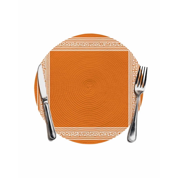 Coral Orange Greek Key Pattern Round Table Placemats 1 pc, Geometric Modern Washable Woven Place Mats for Dining Tables Kitchen Party Decor,Heat Proof, 13in,