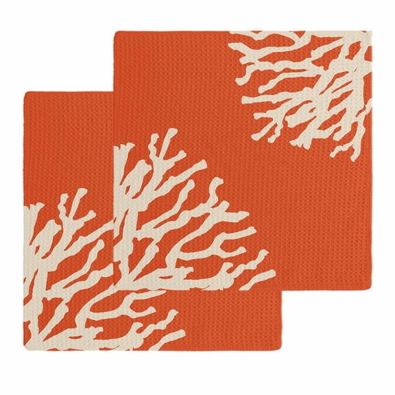 Coral Orange Kitchen Dish Towels for Drying Dishes Set of 2, Coastal White Ocean Marine Nautical Beach Waffle Weave Microfiber Hand Tea Bathroom Towels Quick Dry & Absorbent Towel 12x12