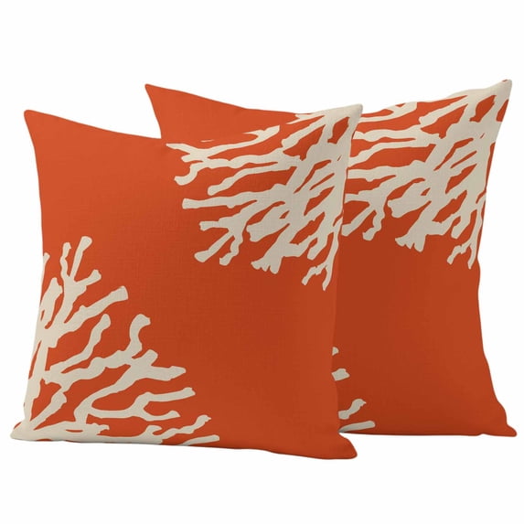 Coral Orange Outdoor Waterproof Pillow Covers, Coastal White Ocean Marine Nautical Beach Decorative Square Throw Pillowcase Sofa Cushion Sham for Patio/Couch/Chair, 26"x26" 2 Pack