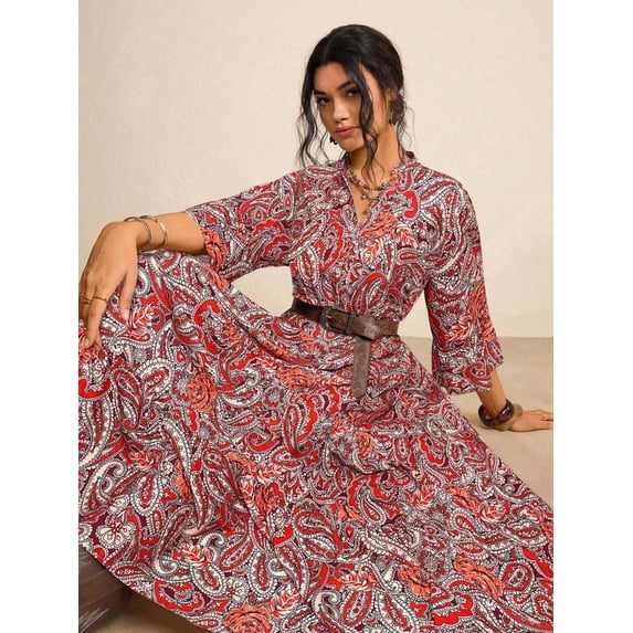 Coral Orange Paisley Print V-Neck Long Sleeve Maxi Dress With Belted Waist And Relaxed Fit For Women