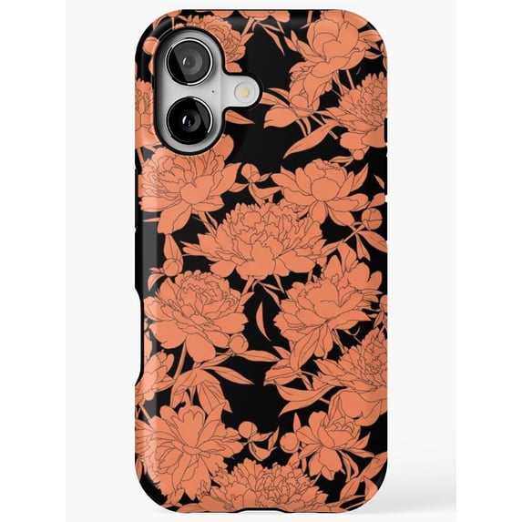 Coral Orange Peony Floral on Black Tough Case for Apple iPhone, Dual ...