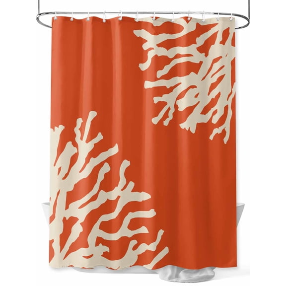 Coral Orange Shower Curtain Set, Waterproof Shower Curtains for Bathroom, Coastal White Ocean Marine Nautical Beach Washable Fabric Cloth Bath Curtain for Bathtub Decoration with Hooks 72x78 Inches