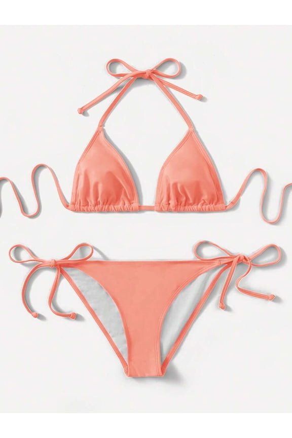 Coral Orange Two-Piece Halter Top And Tie-Side Bottom Bikini Set For Summer Beach Vacation