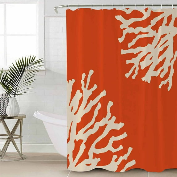 Coral Orange Waterproof Fabric Shower Curtain, Coastal White Ocean Marine Nautical Beach Shower Curtain for Bathroom Curtains Bathtubs Hotel Washable Shower Curtains with 12 Hooks Small 36x78in