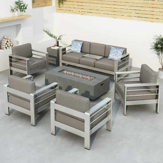 Coral Outdoor Aluminum 7 Seater Chat Set with Fire Pit, Light Gray and Gray