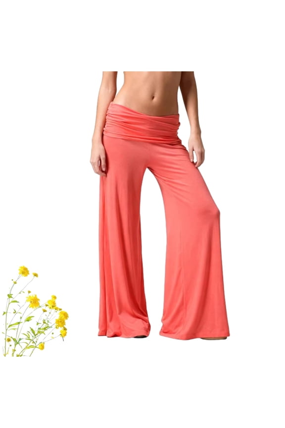 Coral Pants Fold Over - 2026 On-Trend Wide Leg Yoga Pants - Solid Loose Fit Lounge Pants with Ruched Waist - Soft Breathable Activewear for Sports & Everyday