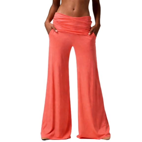 Coral Pants Fold Over - 2026 On-Trend Wide Leg Yoga Pants - Solid Loose Fit Lounge Pants with Ruched Waist - Soft Breathable Activewear for Sports & Everyday