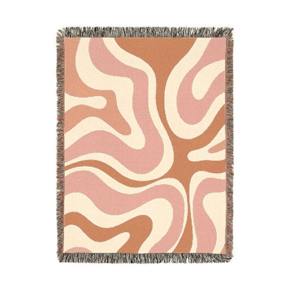Coral, Peach and Cream Flowing Wavy Lines Woven Throw Blanket, 100% Cotton, Retro Home Accent